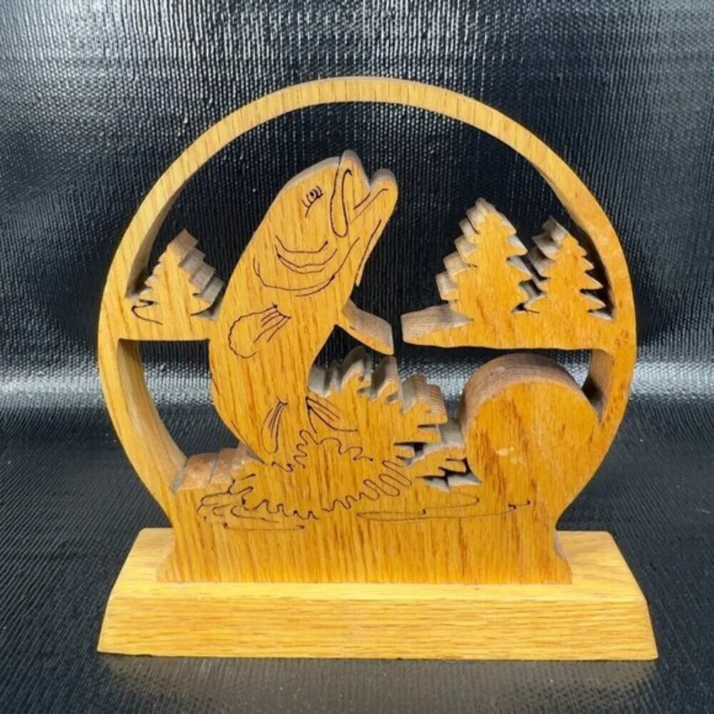 Hand Made Folk‎ Art Wooden Desk Shelf Clock Fish Hand Carved Signed F Erickson